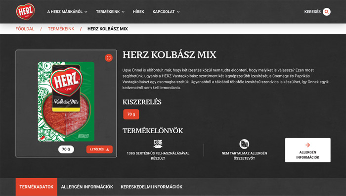Herz Website's Product Details section in desktop view