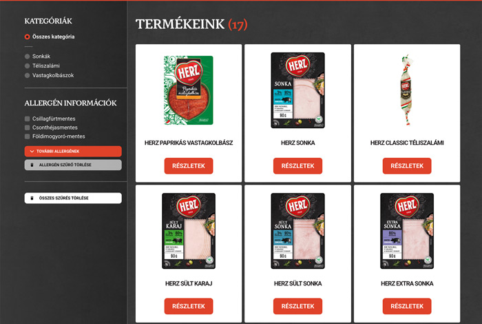 Herz Website's Product List section in desktop view