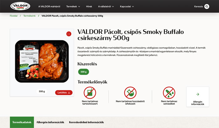 Valdor Website's Product Details section in desktop view
