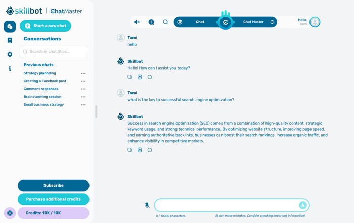 Website's Chat section in desktop view