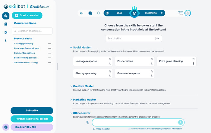 Website's New Chat section in desktop view