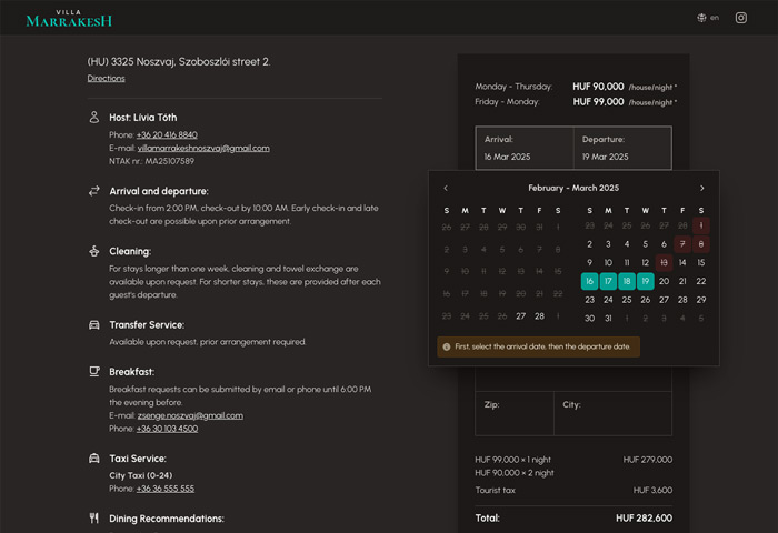 Website's Booking section with the calendar in desktop view