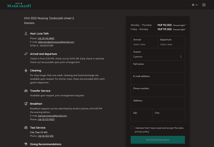 Website's Information and Booking section in desktop view